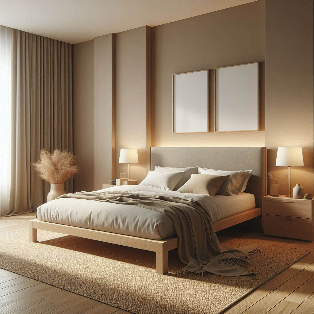 Warm modern bedroom interior by Hothi & Co. featuring natural elements, soft lighting, a wooden platform bed with a low grey upholstered headboard, white linens, and beige accents.