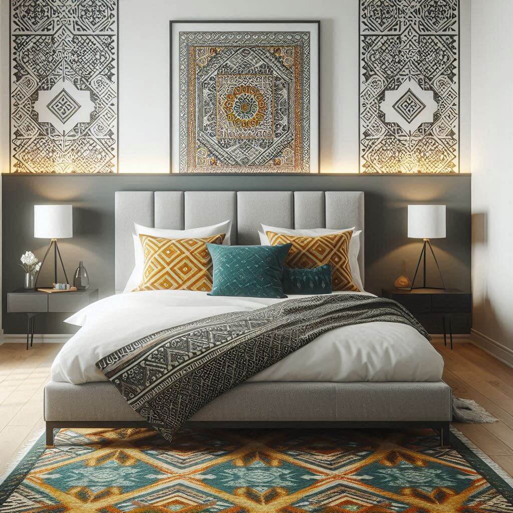 Modern bedroom interior by Hothi & Co. blending Indian patterns with geometric accents, featuring a sleek wooden bed frame, grey upholstered headboard, white linens, and patterned throw pillows.