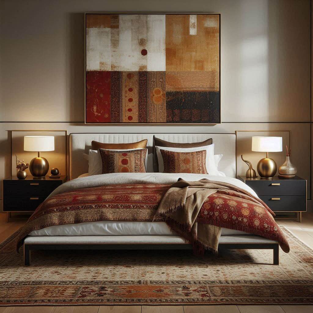 Modern bedroom interior by Hothi & Co. featuring contemporary furniture, a sleek wooden platform bed, white linens, and a rich Indian block-printed quilt in layered tones.