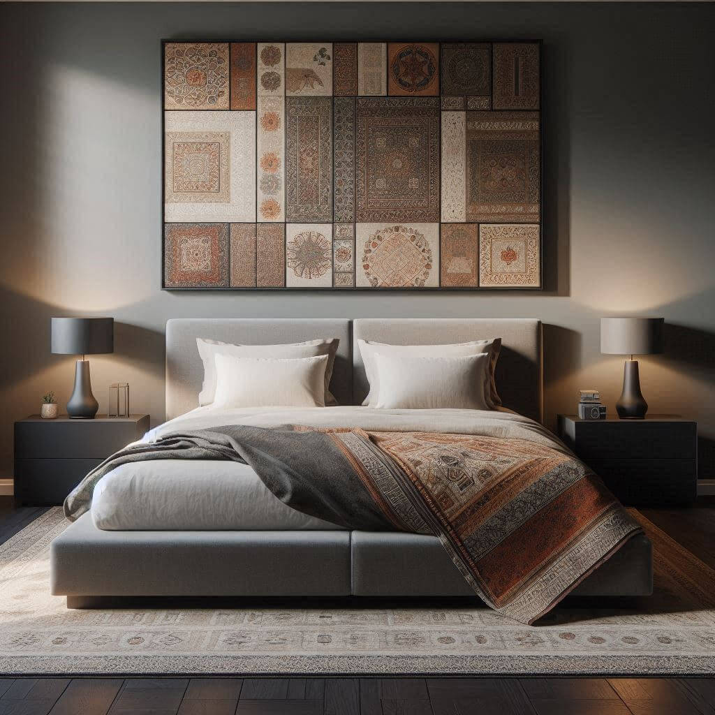Modern bedroom interior by Hothi & Co. featuring sleek furniture, a low platform bed with a grey upholstered headboard, white bedding, and a soft earth-toned Indian kantha quilt.