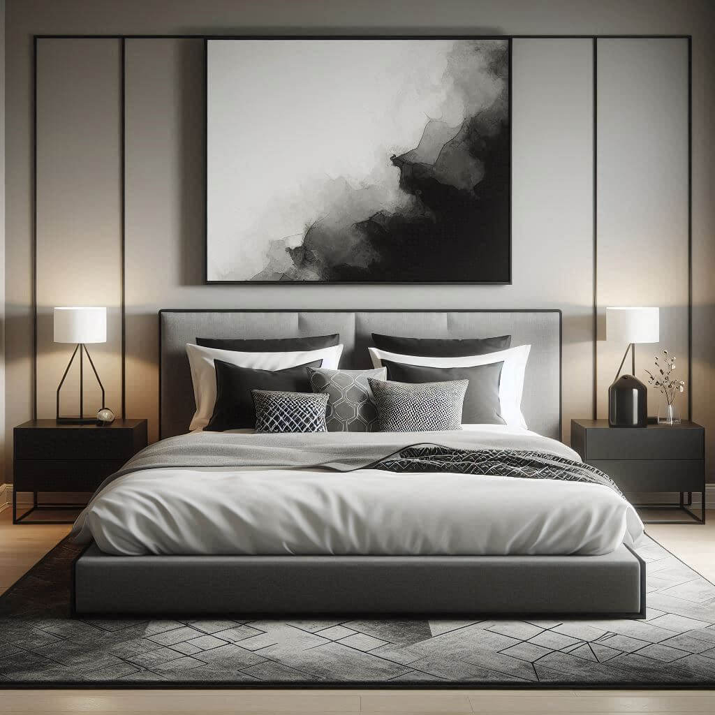 Sleek modern bedroom interior by Hothi & Co. featuring a platform bed with a dark grey upholstered headboard, crisp white linens, and black and grey geometric-patterned throw pillows.