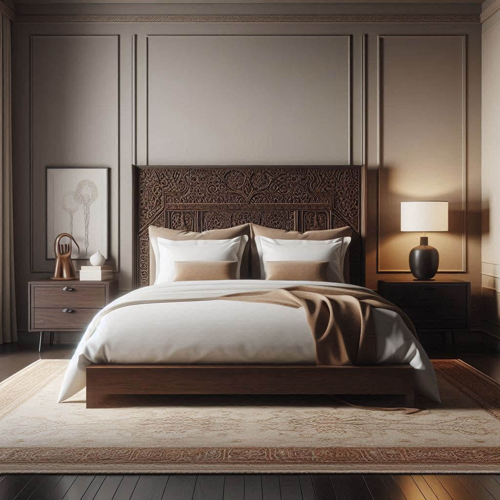 Sophisticated modern bedroom interior by Hothi & Co. blending Indian carved furniture with minimalist aesthetics, featuring a low-profile platform bed and a rich walnut carved wooden headboard with white linens.