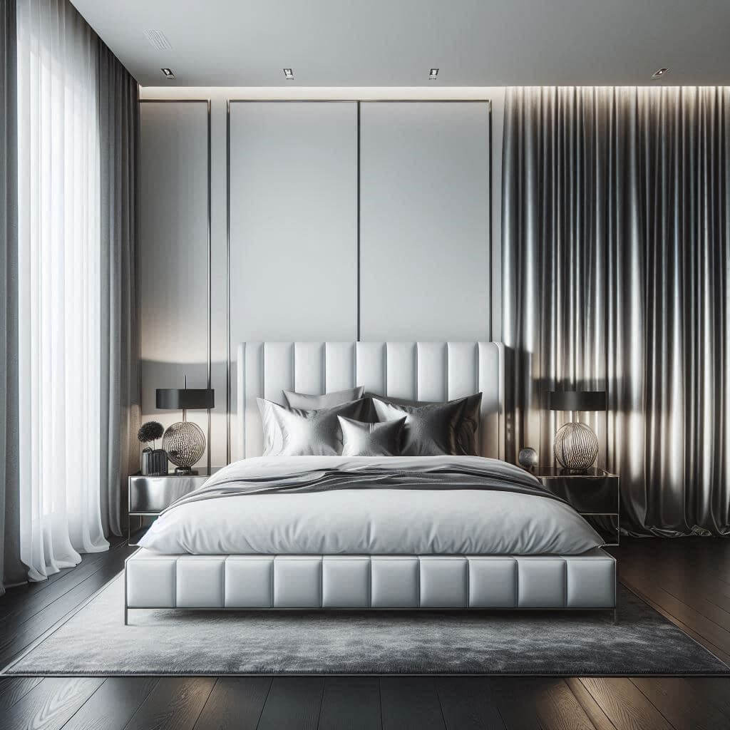 Sophisticated modern bedroom interior by Hothi & Co. featuring sleek lines, a low-profile bed with a tufted white headboard, simple white bedding, and silver metallic accent pillows.