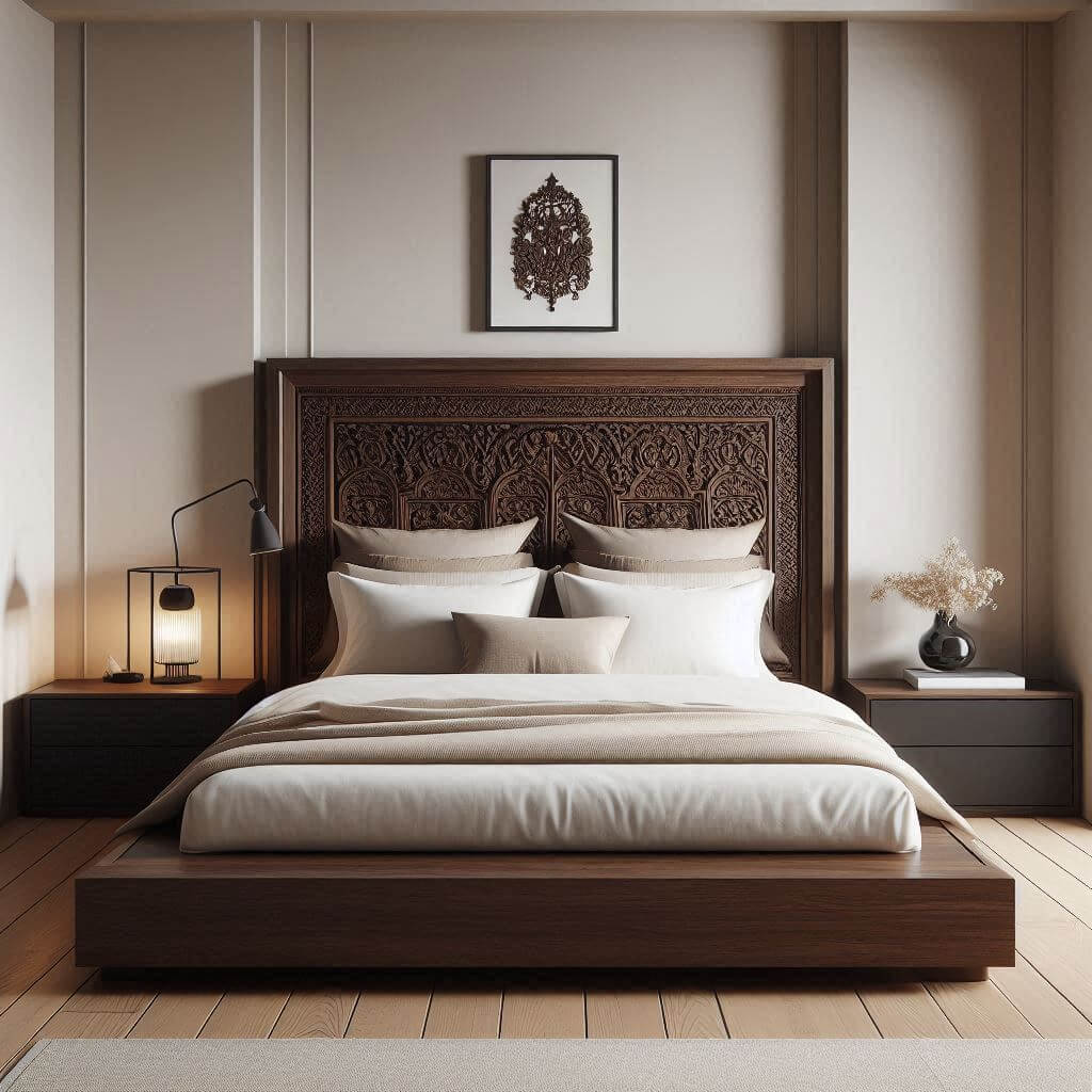 Stylish modern bedroom interior by Hothi & Co. blending traditional Indian craftsmanship with sleek modern decor, featuring a low platform bed and a hand-carved dark walnut wooden headboard with crisp white linens.