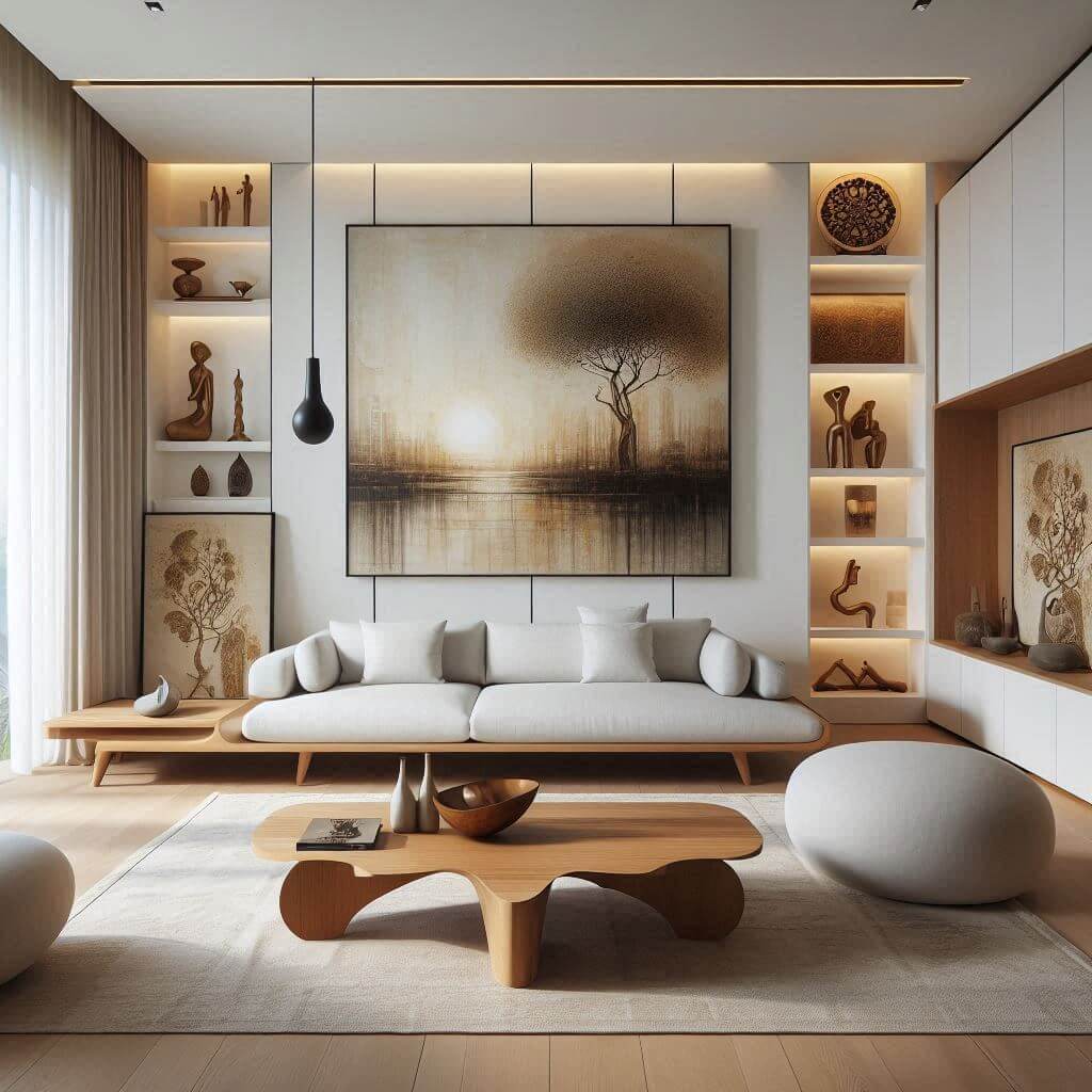 Modern living room by Hothi & Co. featuring Indian art, a low-profile white sofa with sharp edges, and a sculptural teak wood coffee table.