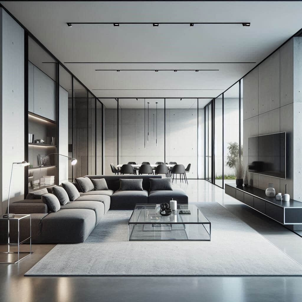 Modern living room by Hothi & Co. featuring a charcoal grey sectional sofa, glass coffee table with chrome legs, and sleek steel design elements.