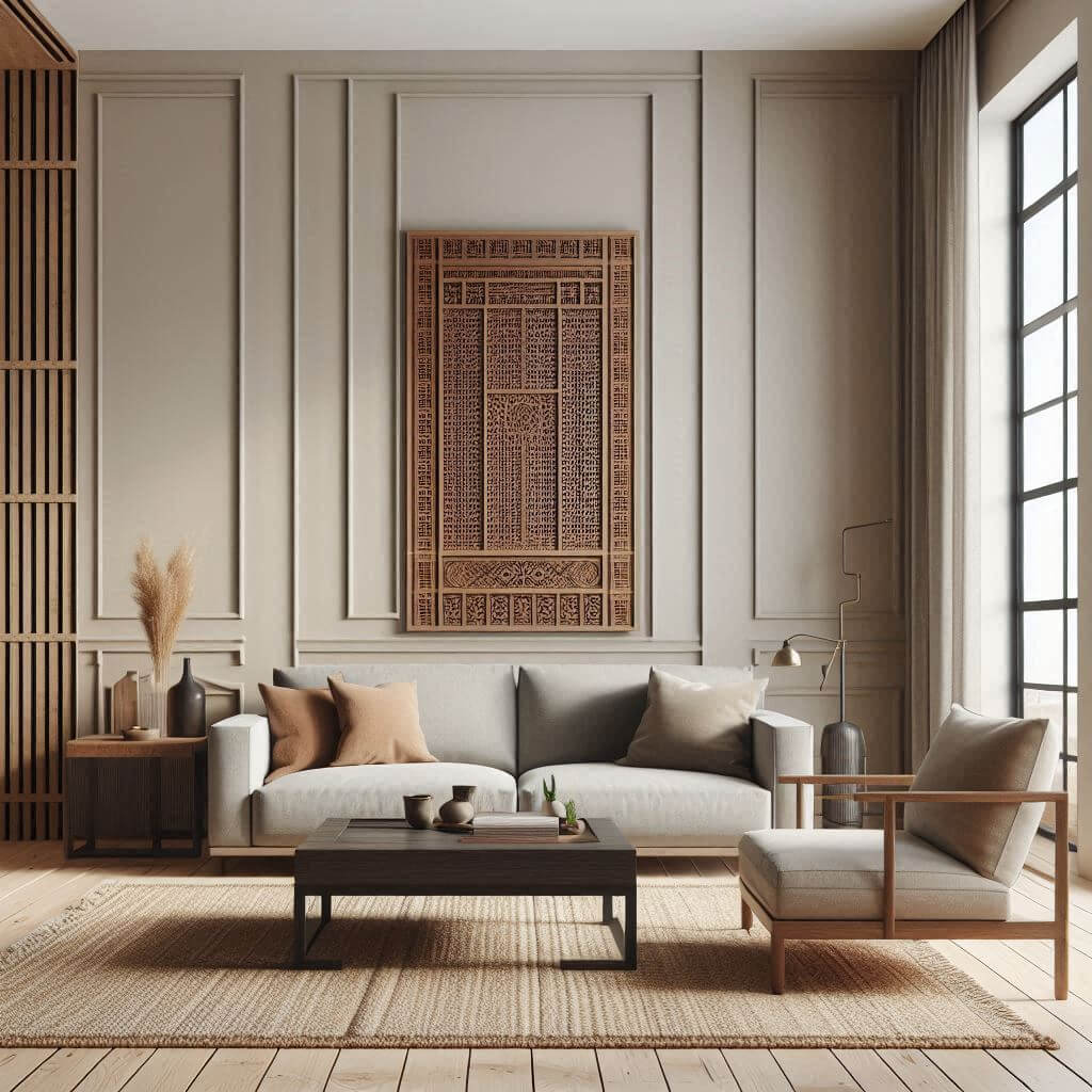 Modern living room by Hothi & Co. featuring Indian-inspired woodwork, a low-profile grey sofa with clean lines, and a dark teak wooden coffee table.