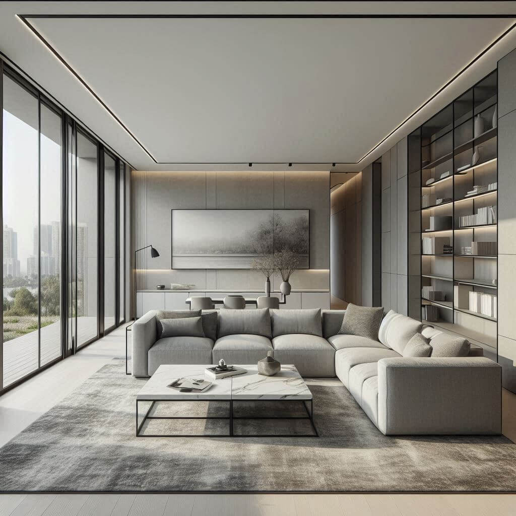 Modern open-plan living room by Hothi & Co. featuring a light grey modular sofa, marble coffee table, and light wood flooring in a seamless layout.