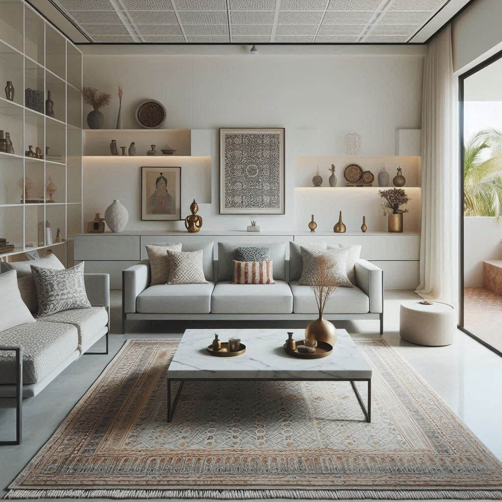 Modern minimalist living room by Hothi & Co. featuring a light grey sharp-lined sofa, white marble coffee table, and subtle Indian pattern accents.
