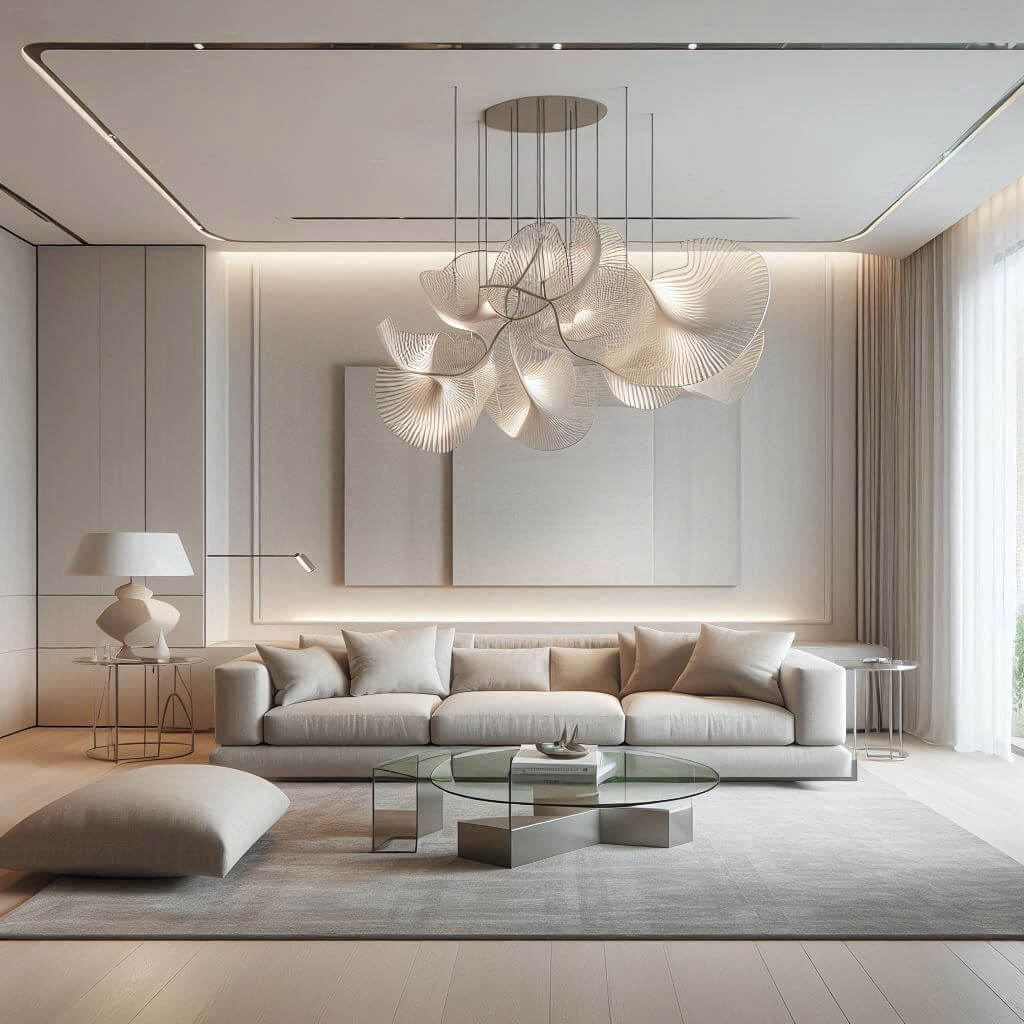 Modern living room by Hothi & Co. featuring statement lighting, a beige low-profile sofa with sharp edges, and a minimalist glass coffee table on polished light wood flooring.