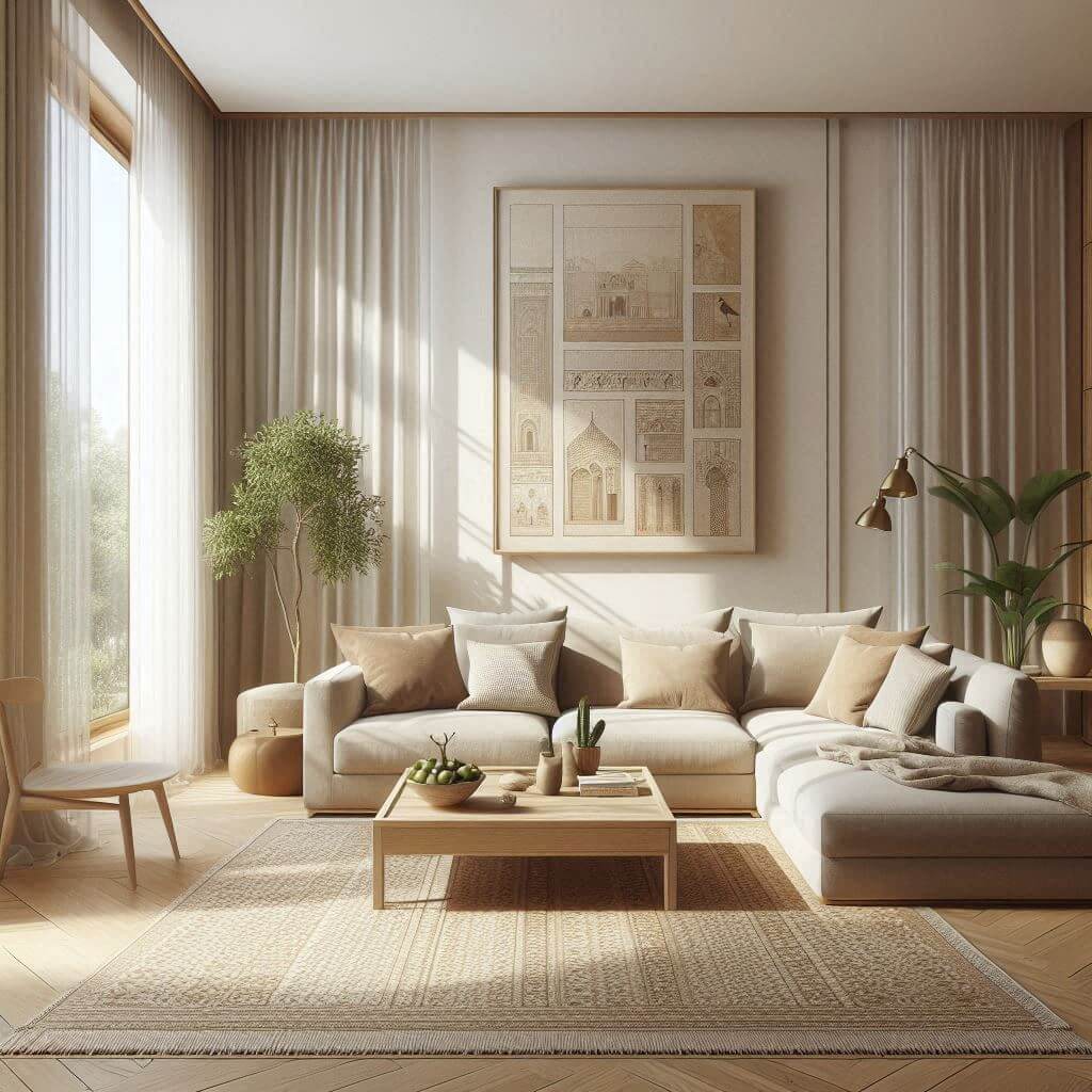 Modern living room by Hothi & Co. featuring a beige low-profile sectional sofa, sleek wooden coffee table, Indian texture accents, and a light-filled interior.