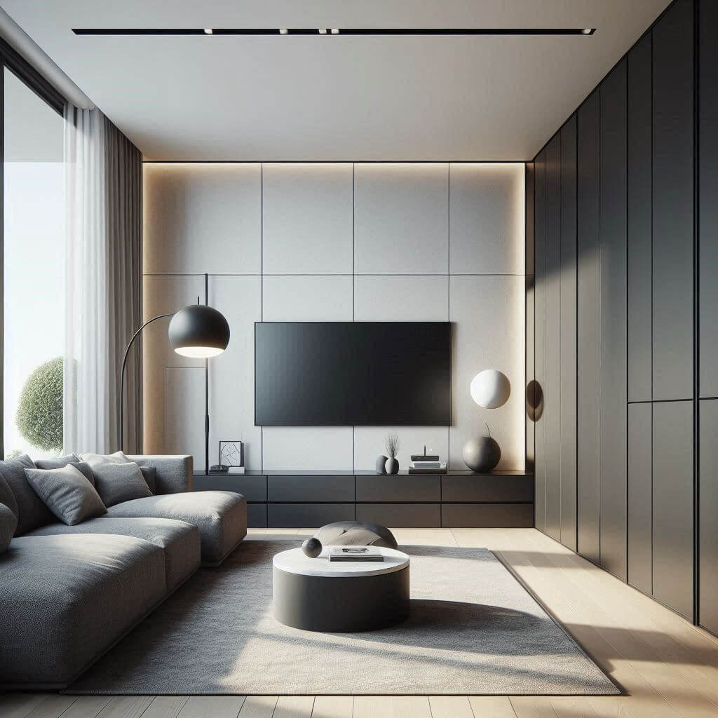 Modern minimalist living room by Hothi & Co. featuring a charcoal grey low-slung sofa, floating black media console, and round marble coffee table with sleek built-in storage.