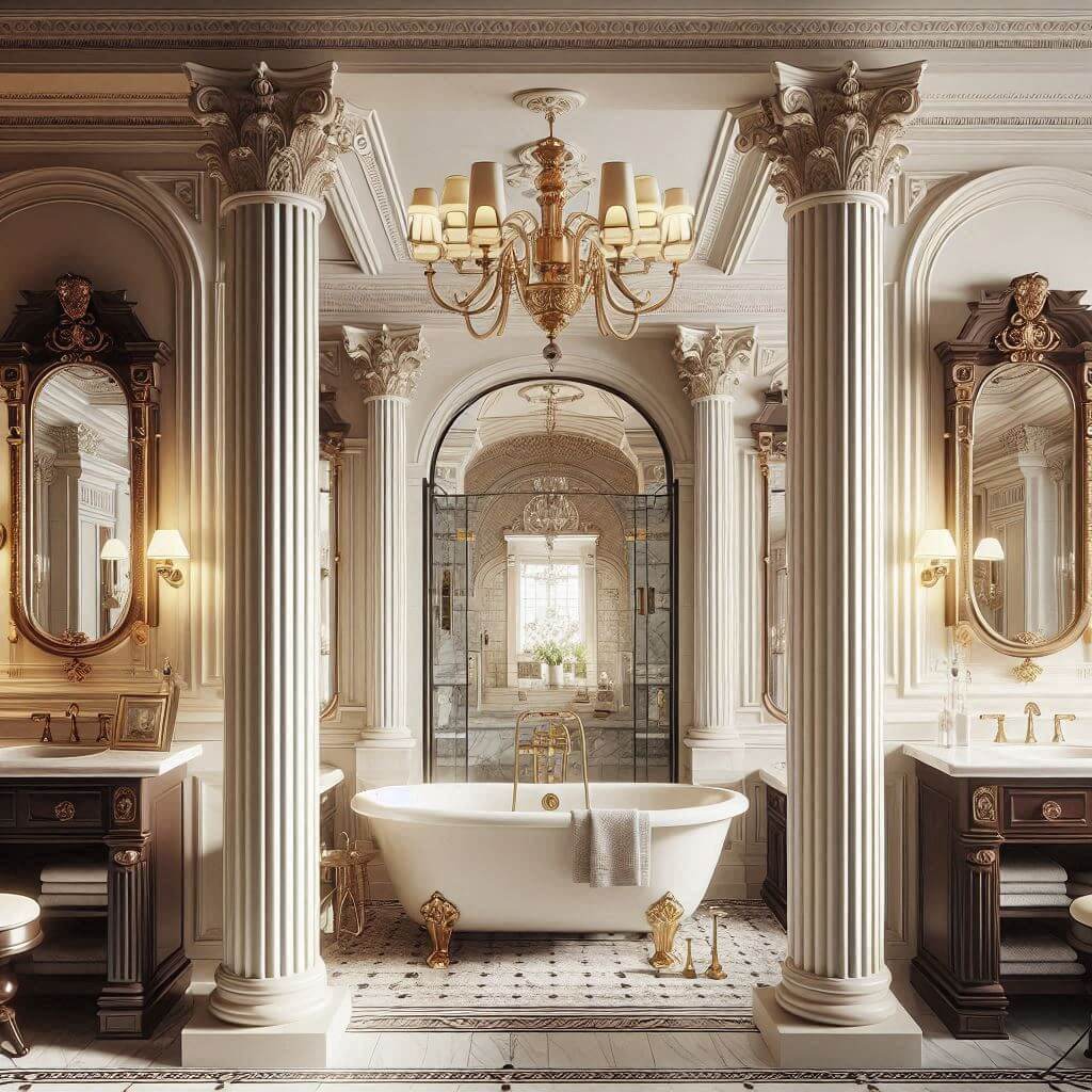 Grand neo-classical bathroom by Hothi & Co. featuring fluted columns framing a freestanding soaking tub, soft cream paneled walls, and detailed decorative molding.