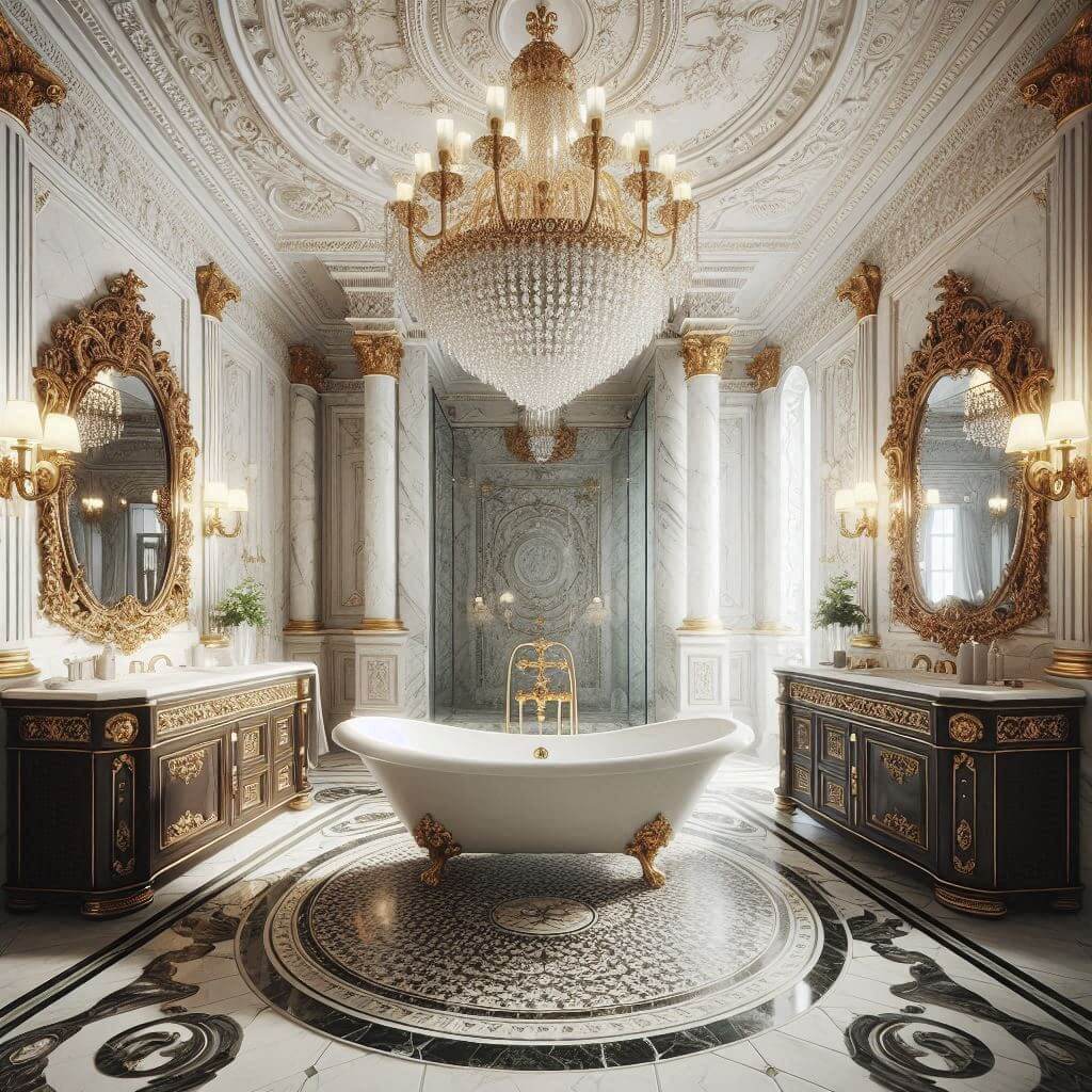 Opulent neo-classical bathroom by Hothi & Co. featuring a freestanding clawfoot tub beneath a crystal chandelier, white marble walls with intricate gold accents, and classical decorative molding.