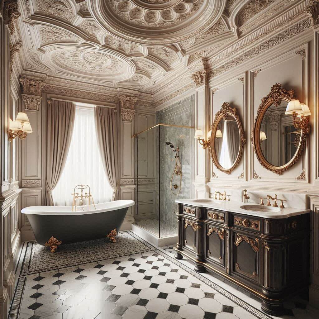 Grand neo-classical bathroom by Hothi & Co. featuring an ornate coffered ceiling, classic black and white floor tiles, soft ivory molded walls, and a dark wood vanity design.
