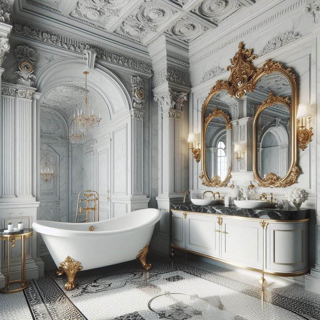 Luxurious neo-classical bathroom by Hothi & Co. featuring a white clawfoot tub with ornate gold feet and fixtures, white marble walls with subtle grey veining, and decorative molding details.