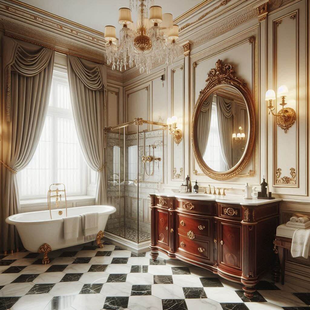 Neo-classical bathroom by Hothi & Co. featuring a rich mahogany vanity with marble countertop, polished brass fixtures, soft cream paneled walls with decorative molding, and classic flooring.