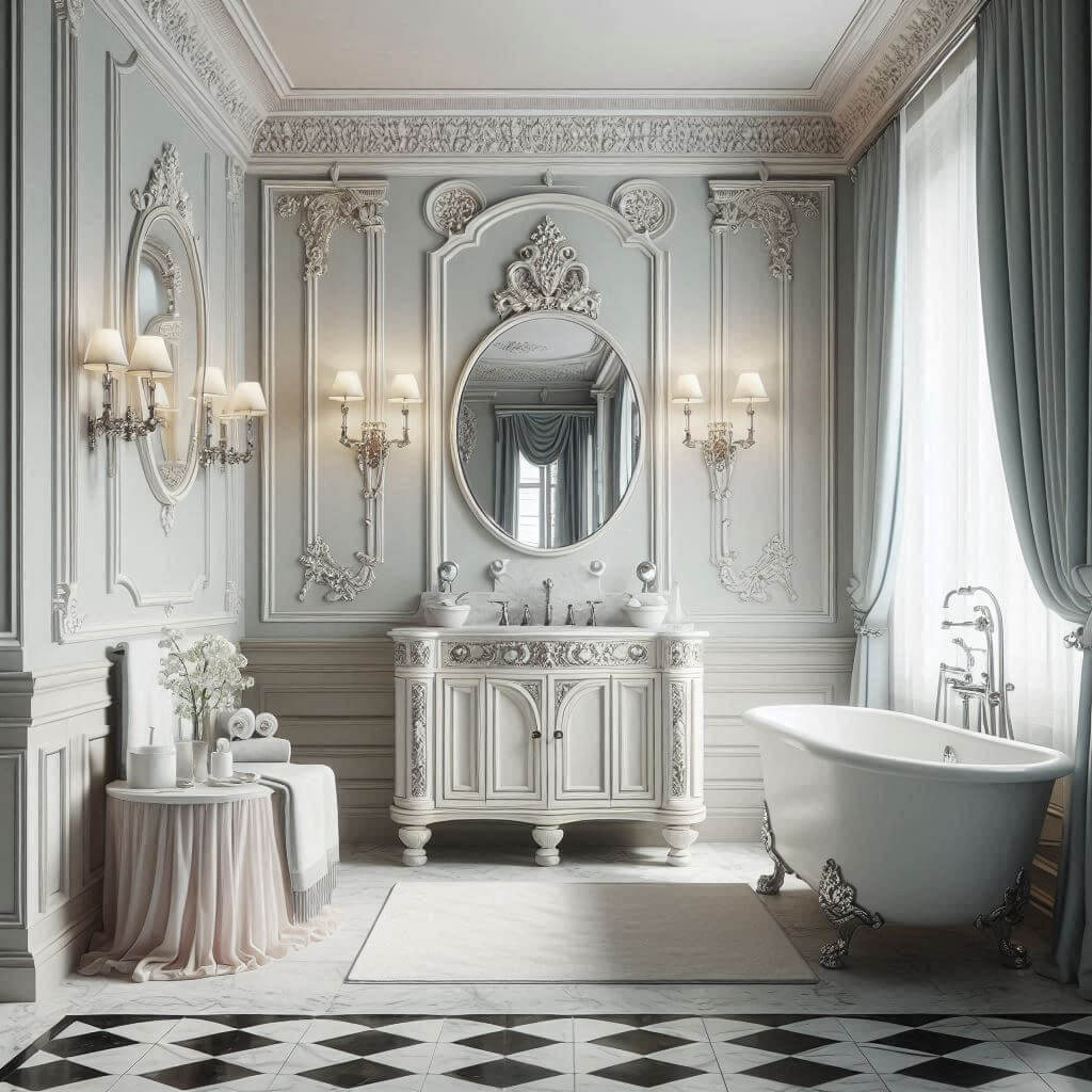 Refined neo-classical bathroom by Hothi & Co. featuring a traditional carved vanity with marble countertop, brushed silver fixtures, and a soft pastel color palette with white accents.