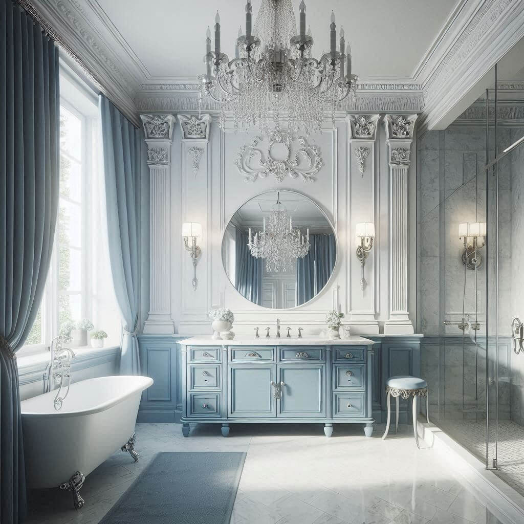 Regal neo-classical bathroom by Hothi & Co. featuring a soft blue vanity with white marble countertop, brushed silver fixtures, and white paneled walls with classic detailing.