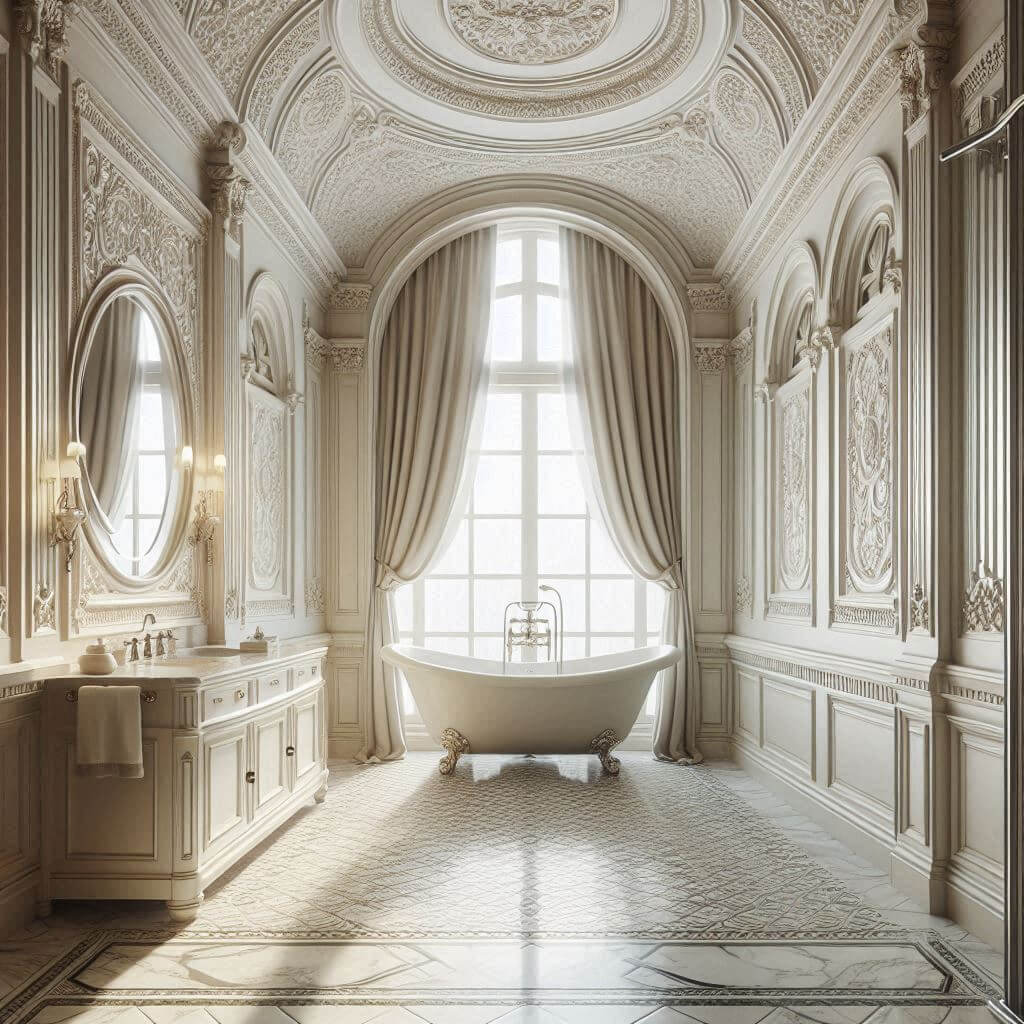 Sophisticated neo-classical bathroom by Hothi & Co. featuring intricate ceiling and wall molding in creamy white tones and a classical marble mosaic floor pattern.
