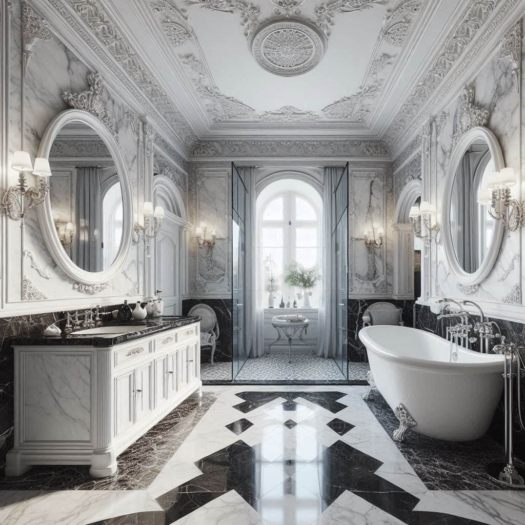Stunning neo-classical bathroom by Hothi & Co. featuring a freestanding bathtub, black and white marble wall and floor tiles, and a classic white vanity with black marble countertop.