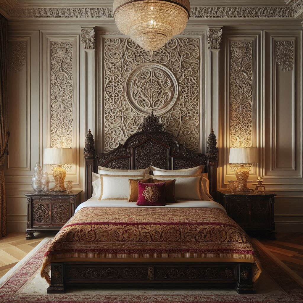Grand Neo-Classical bedroom interior by Hothi & Co. blending classical elegance with Indian jali patterns, featuring a carved wooden headboard with intricate detailing and crisp white linens.