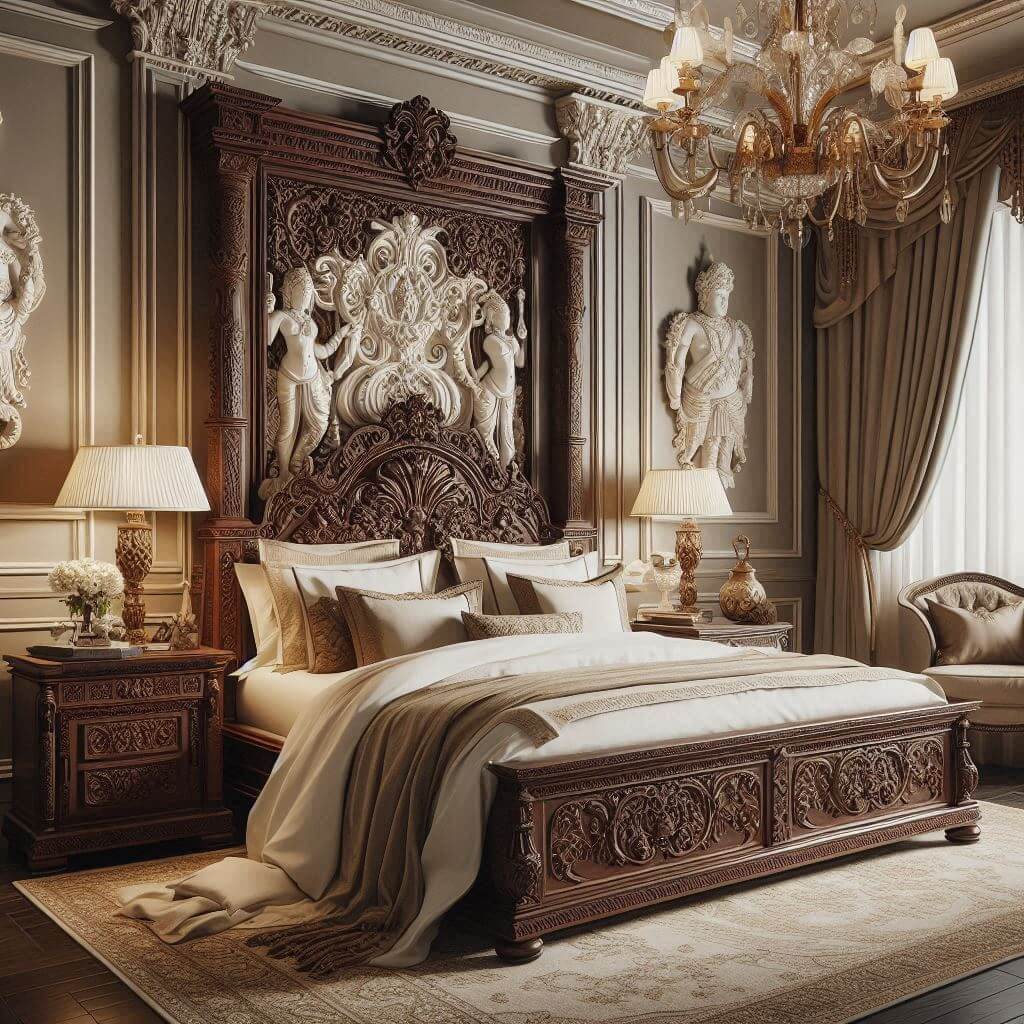 Grand Neo-Classical bedroom interior by Hothi & Co. blending Indian carvings with classical elegance, featuring a rich mahogany carved wooden headboard, white linens, and gold accents.