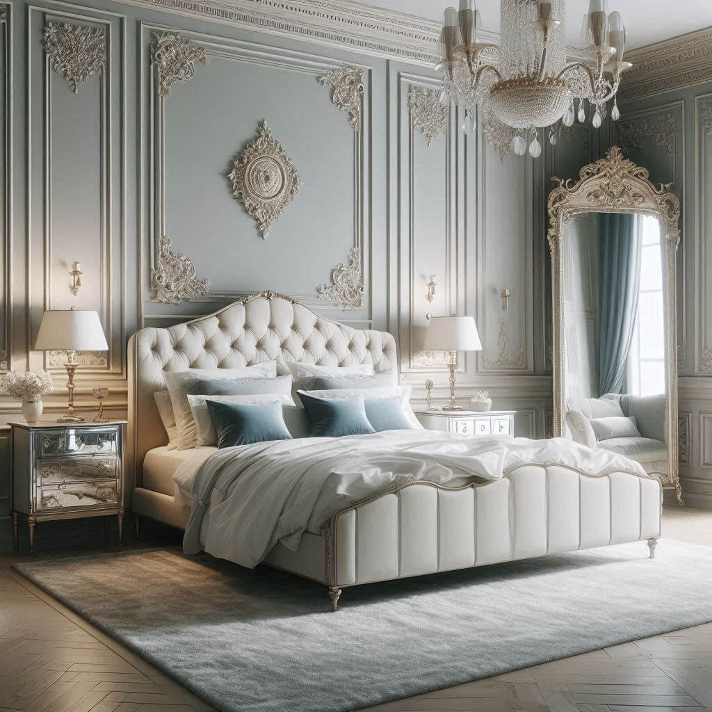 Grand Neo-Classical bedroom interior by Hothi & Co. featuring a cream velvet upholstered bed frame, white bedding, pale blue accent pillows, and ornate dove grey wall paneling.