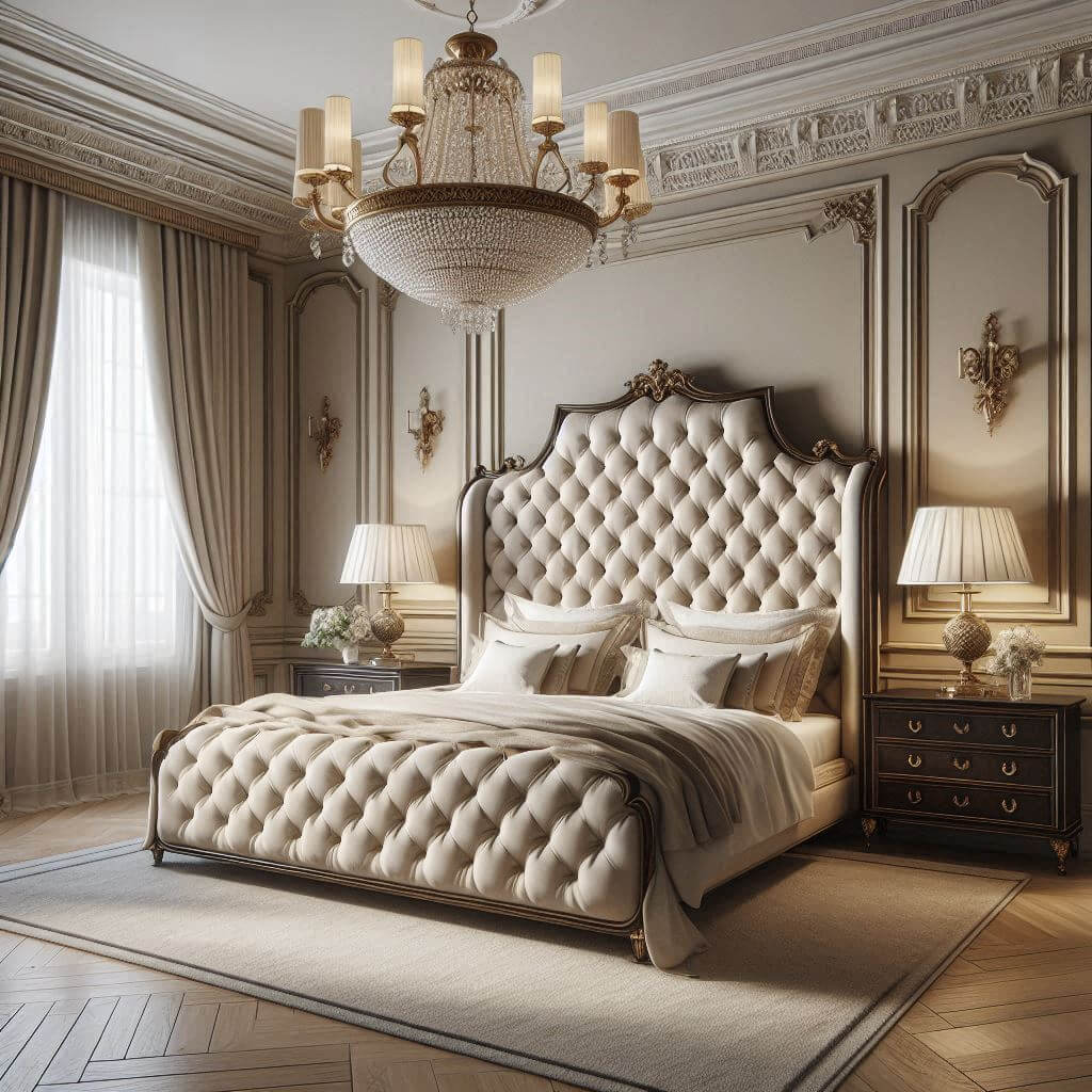 Luxurious Neo-Classical bedroom interior by Hothi & Co. featuring a grand tufted cream velvet headboard framed in dark wood, white linens with gold accents, and an elegant crystal chandelier.