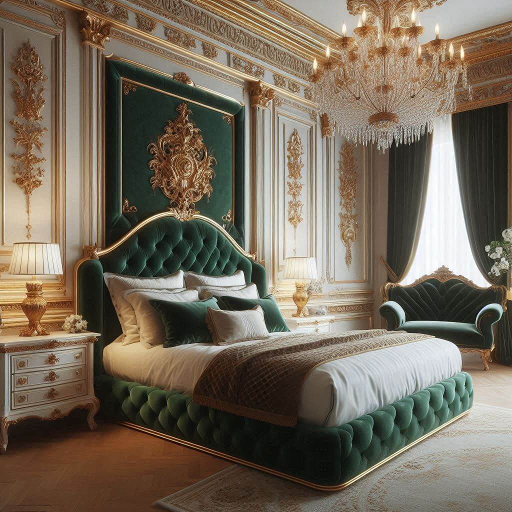 Luxurious Neo-Classical bedroom interior by Hothi & Co. featuring a high-backed tufted bed in deep emerald green velvet, white linens, and elegant gold detailing.