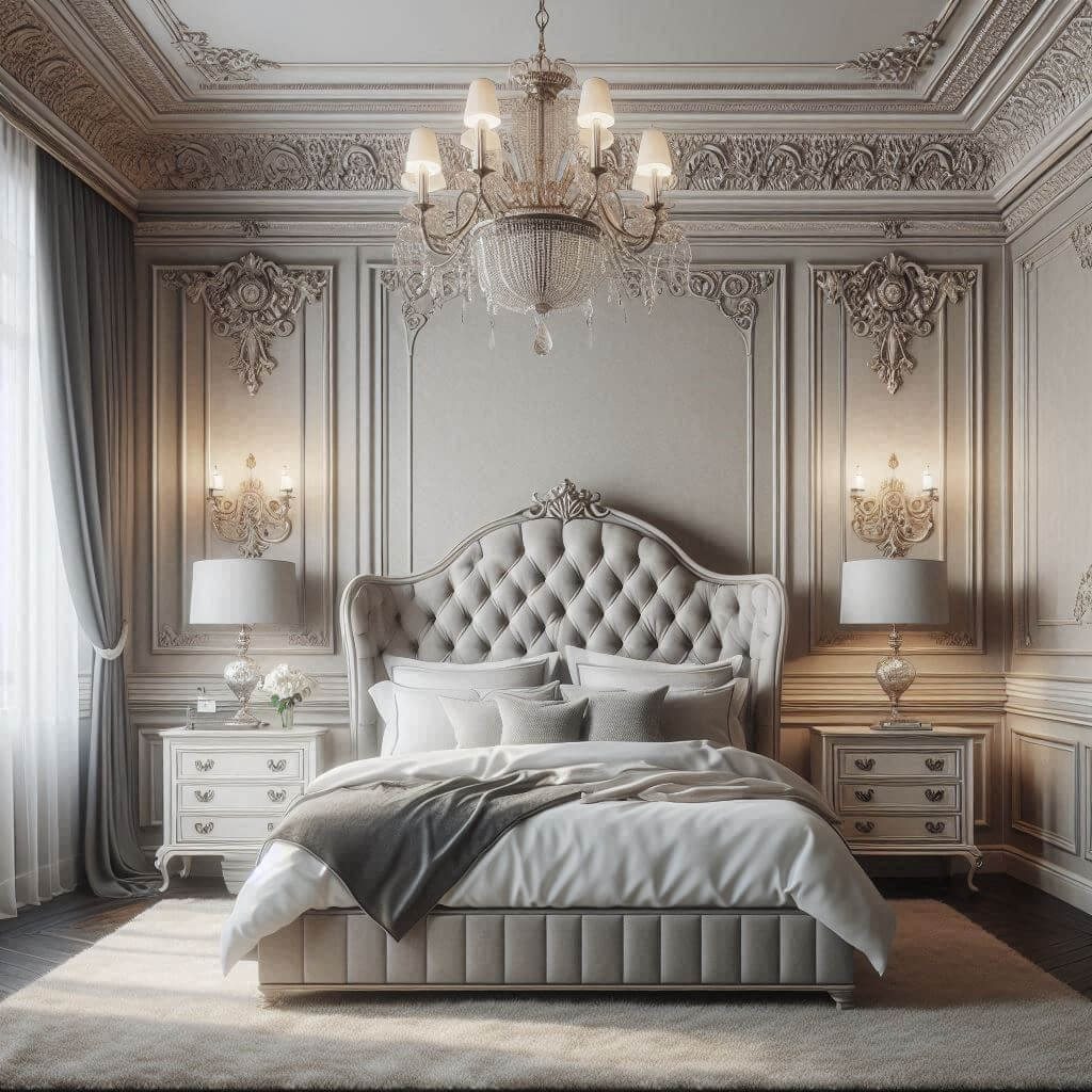 Luxurious Neo-Classical bedroom interior by Hothi & Co. featuring ornate crown molding, beige wall paneling, a tufted light grey velvet headboard, and crisp white linens.