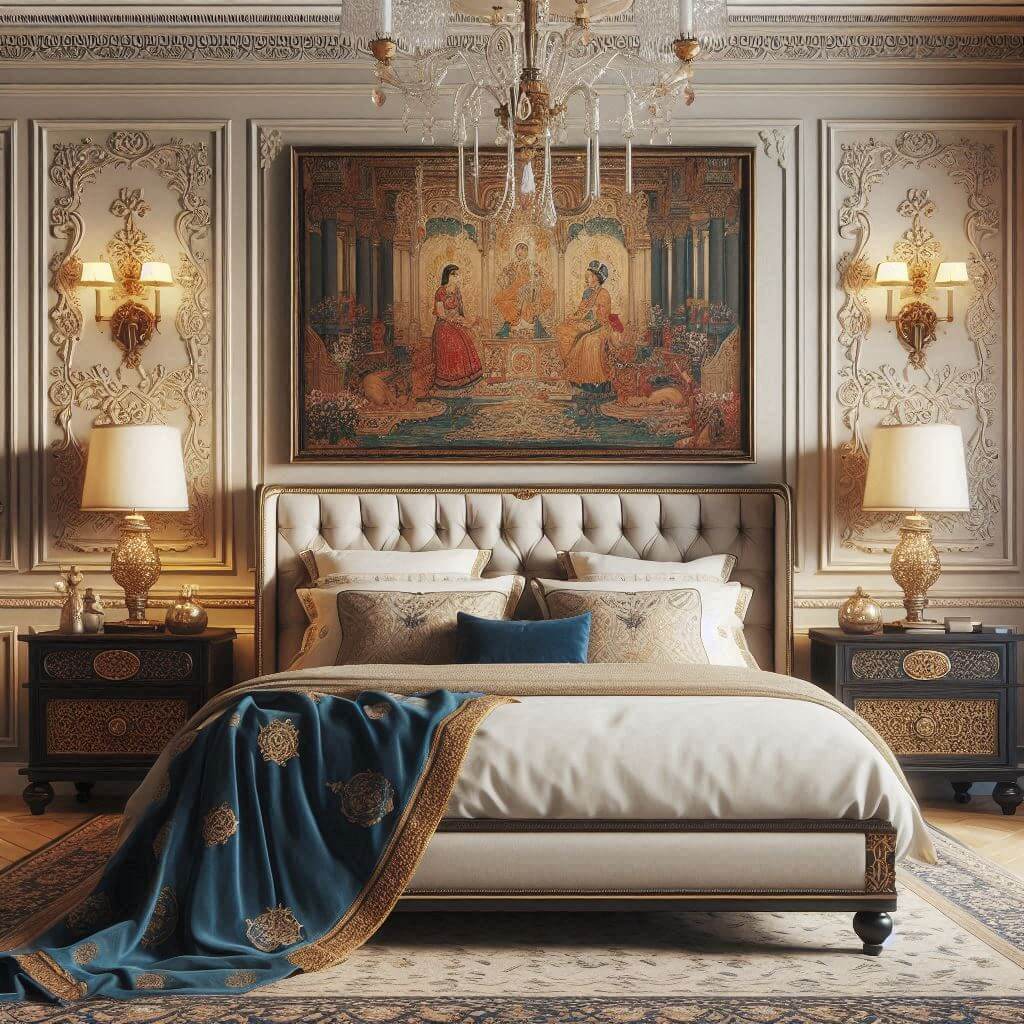 Refined Neo-Classical bedroom interior by Hothi & Co. featuring traditional Indian art, ornate detailing, a tufted beige upholstered headboard, white linens, and a deep blue Indian silk throw.
