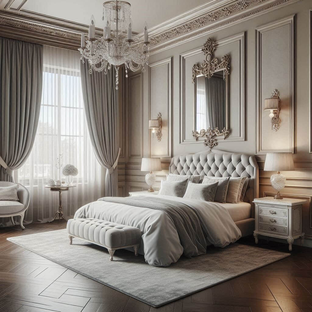 Serene Neo-Classical bedroom interior by Hothi & Co. featuring a tufted light grey velvet bed, crisp white bedding, silver accent pillows, and soft neutral tones with subtle wall detailing.