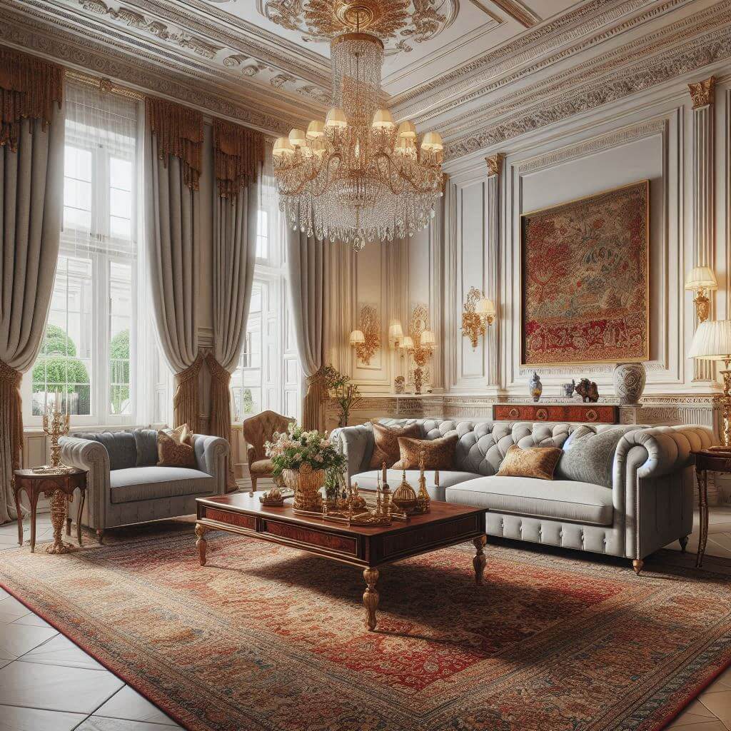Grand neo-classical living room by Hothi & Co. featuring a light grey tufted sofa with gold accents, dark walnut coffee table, Indian silk rugs, and elegant chandeliers.