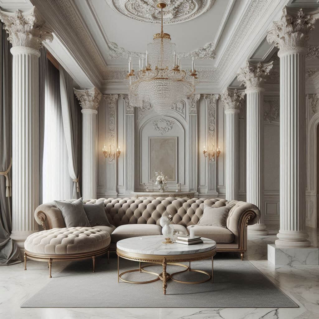 Sophisticated neo-classical living room by Hothi & Co. featuring classical columns, marble finishes, a tufted beige sofa with wooden frame, and a round marble coffee table with brass accents.