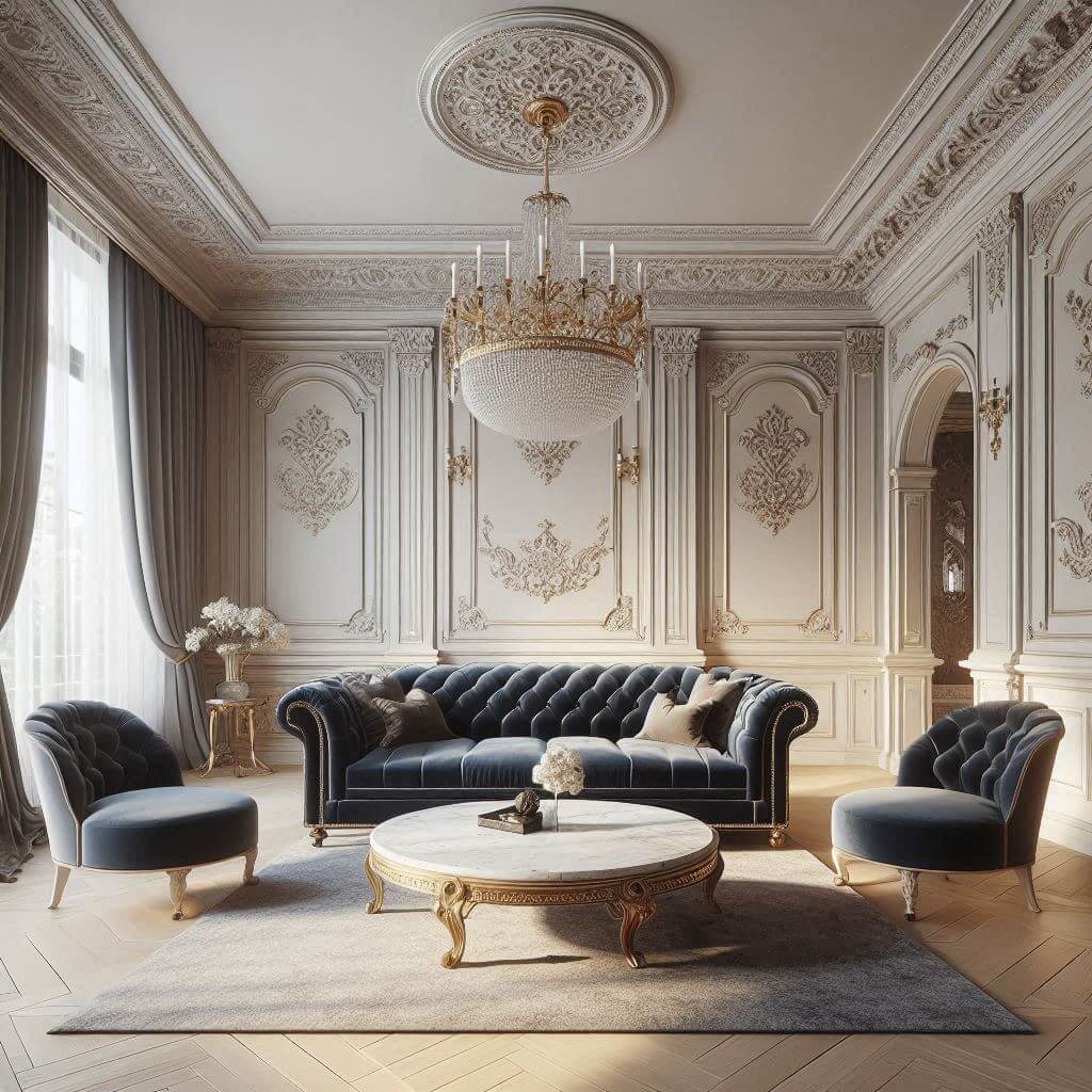Grand neo-classical living room by Hothi & Co. featuring high ceilings, ornate mouldings, navy blue tufted velvet sofa with gold accents, and a round marble coffee table.