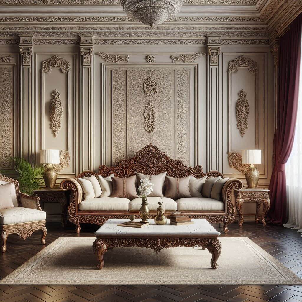 Neo-classical living room by Hothi & Co. featuring intricately carved Indian wooden sofa with modern ivory upholstery and refined classical detailing.