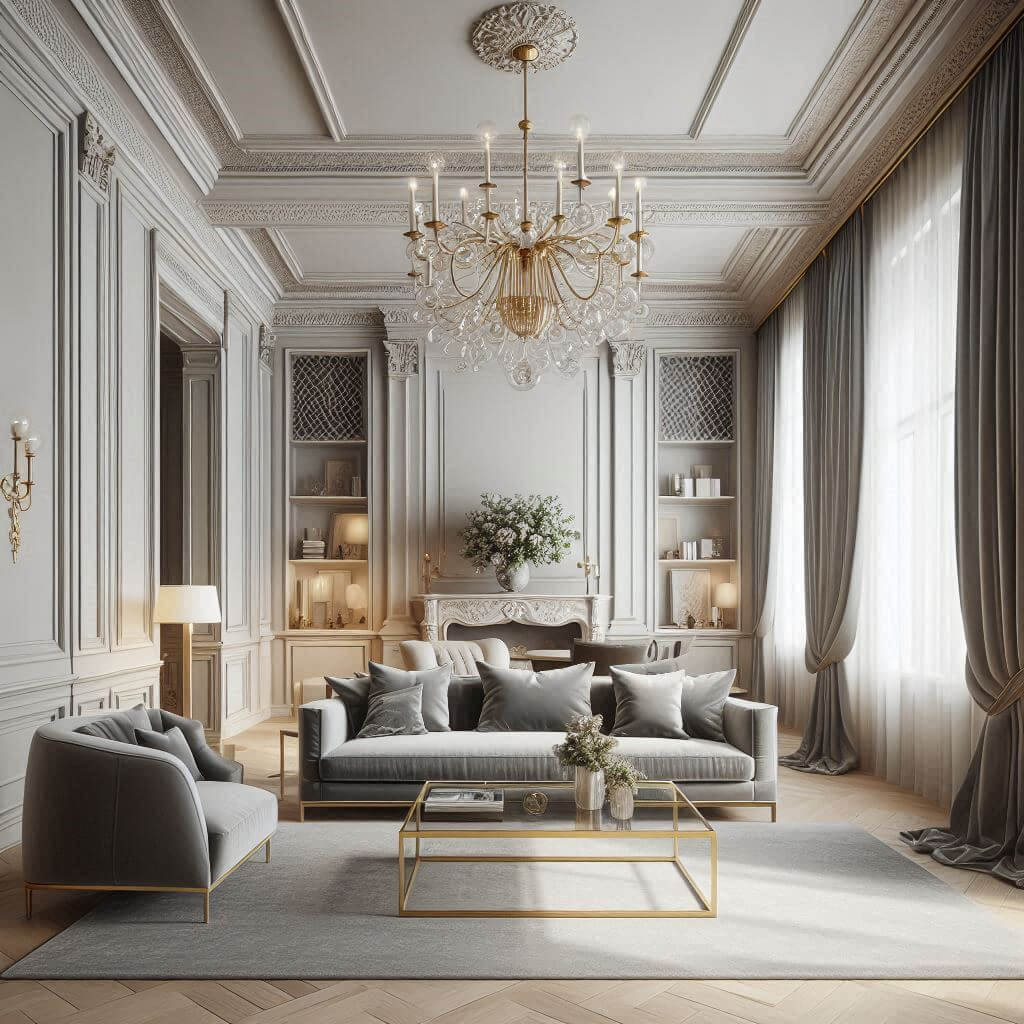 Neo-classical living room by Hothi & Co. featuring a sleek grey velvet sofa, gold-framed glass coffee table, and traditional architectural detailing.
