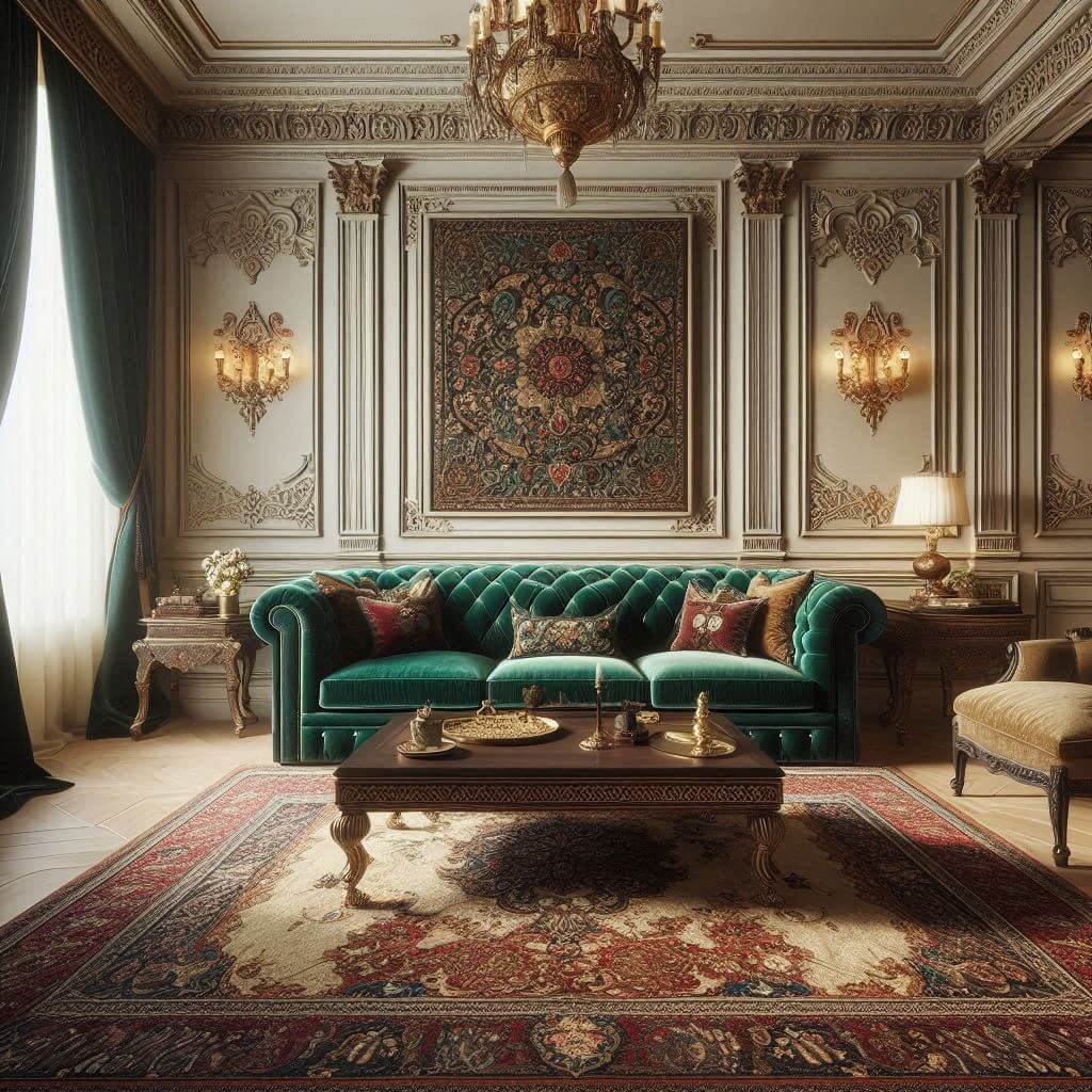Neo-classical living room by Hothi & Co. featuring an emerald green velvet tufted sofa, dark wooden coffee table, and Indian textiles within European architectural detailing.