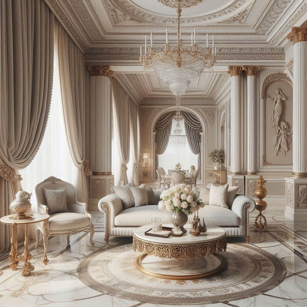 Neo-classical living room by Hothi & Co. featuring Indian marble flooring, white velvet sofa with carved wooden legs, and a round marble coffee table with ornate classical detailing.