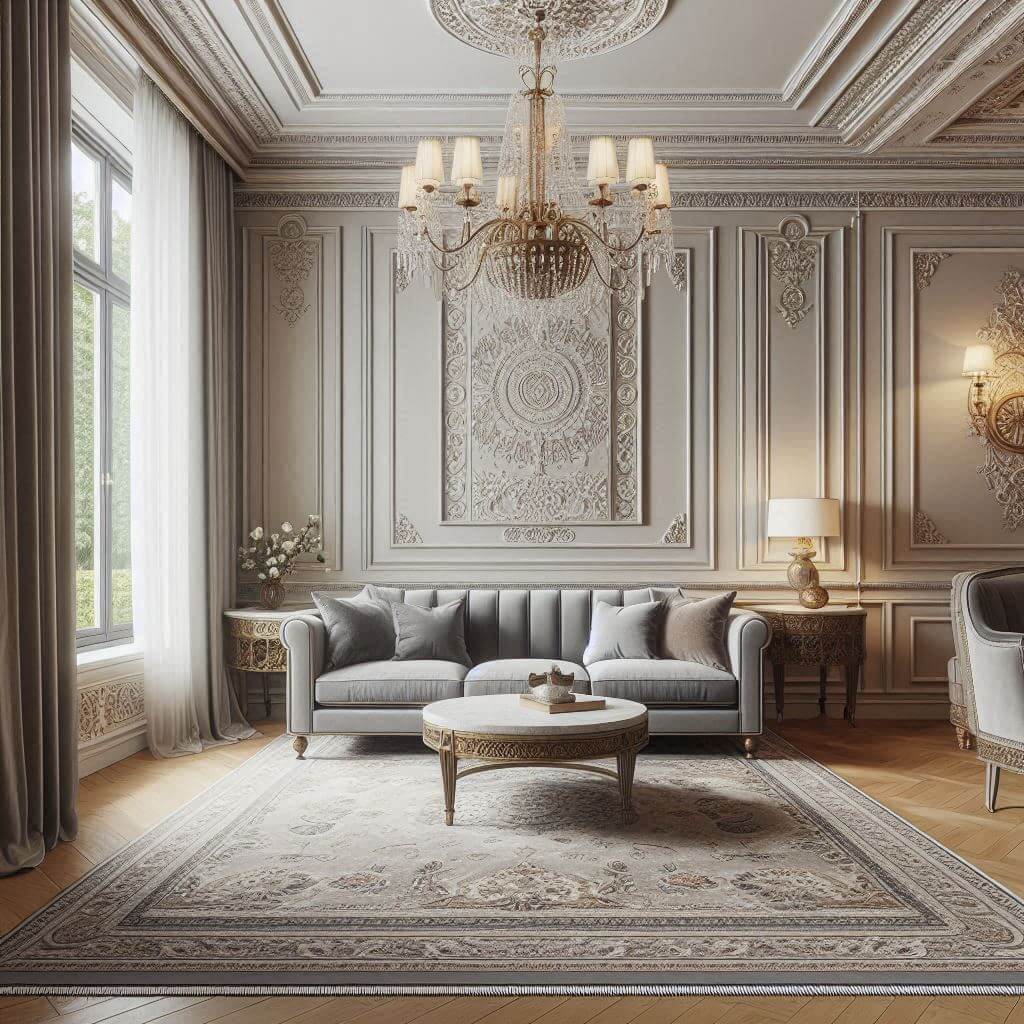 Neo-classical living room by Hothi & Co. featuring subtle Indian motifs, grey velvet sofa with clean lines, and a marble coffee table within classical European architecture.