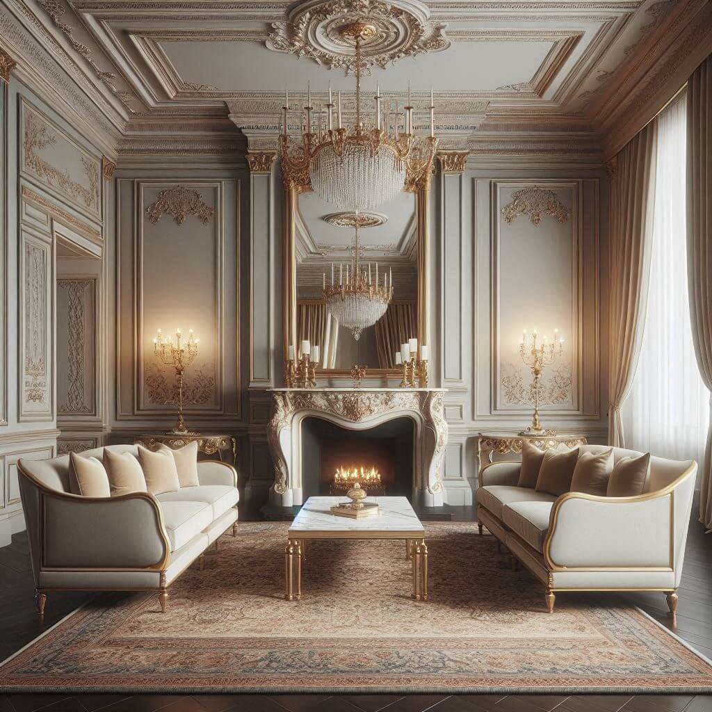 Symmetrical neo-classical living room by Hothi & Co. featuring two identical high-backed beige sofas and a rectangular marble coffee table in a perfectly balanced layout.