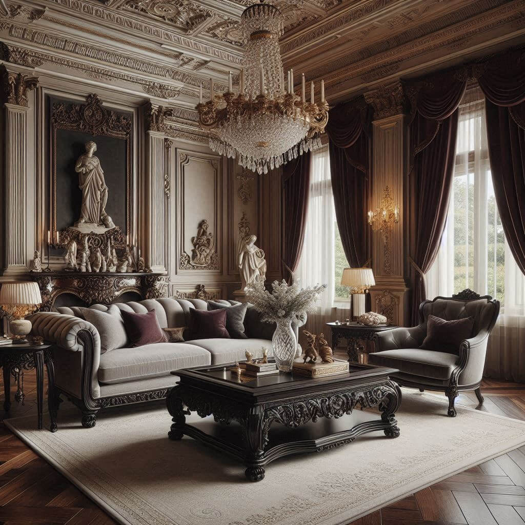 Rich neo-classical living room by Hothi & Co. featuring a carved dark wood coffee table, light grey upholstered sofa, and elegant classical detailing.