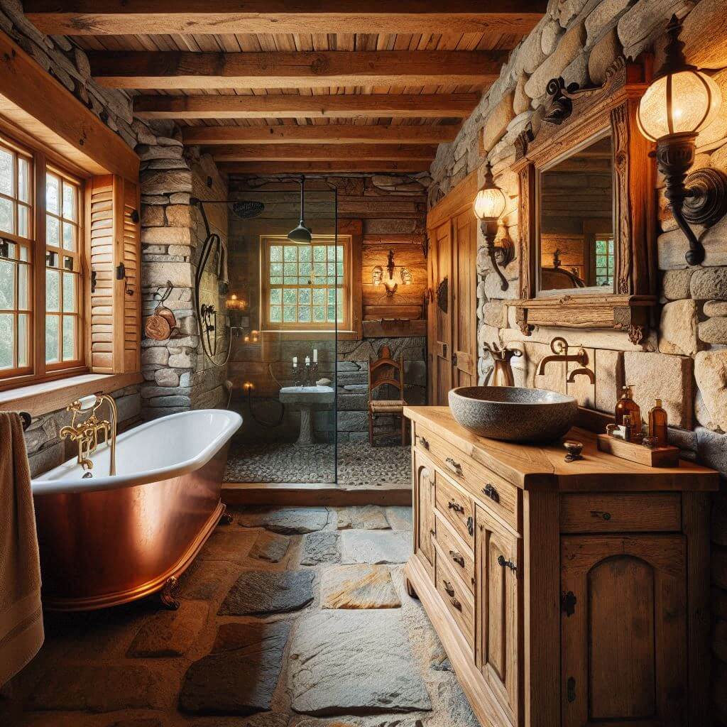 Charming rustic bathroom by Hothi & Co. featuring stone flooring, rough-hewn wooden walls, a weathered wood vanity with natural stone countertop, and a polished river rock vessel sink.
