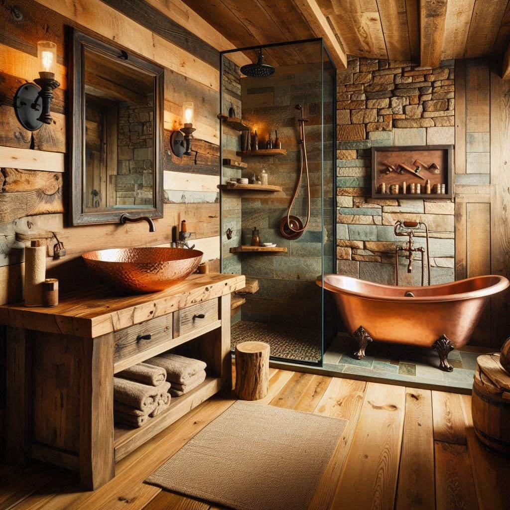 Cozy rustic bathroom by Hothi & Co. featuring a reclaimed wood vanity with copper countertop, hammered copper vessel sink, exposed brick walls, and rough-hewn wooden planks.