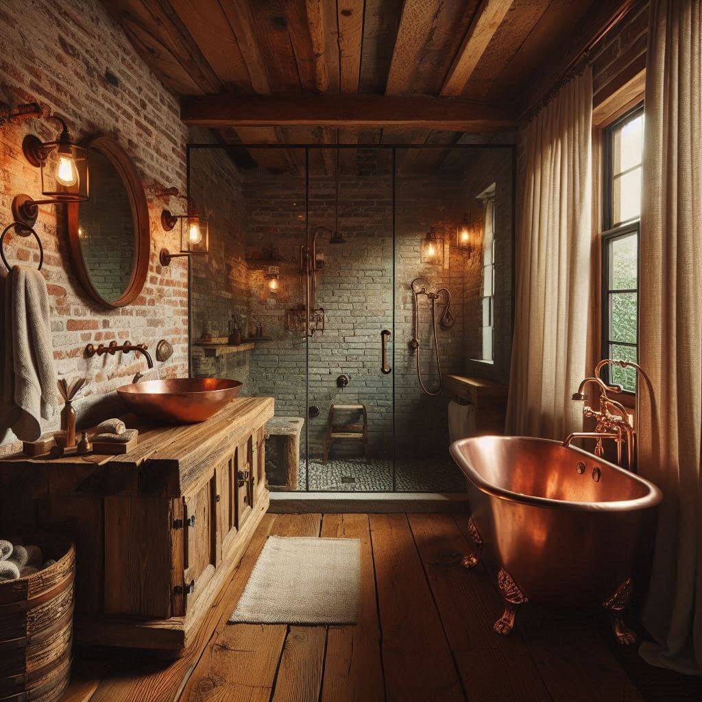 Rustic bathroom by Hothi & Co. featuring exposed brick walls, wide-plank wooden floors, reclaimed barn wood vanity with stone countertop, hammered copper vessel sink, and a freestanding tub with iron detailing.