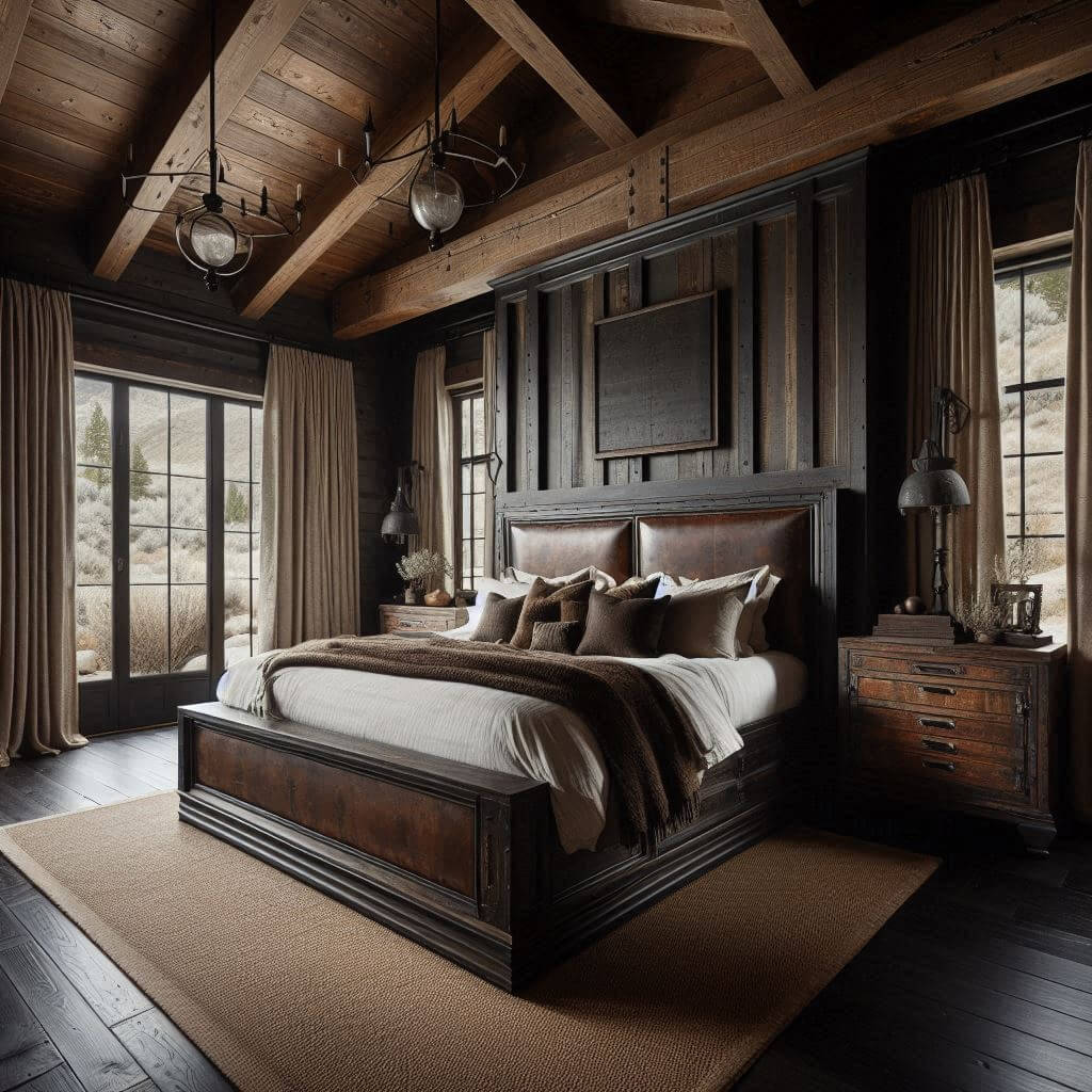 Bold masculine rustic bedroom interior by Hothi & Co. featuring dark wooden walls, exposed ceiling beams, a distressed wood platform bed with a leather headboard, and crisp white linens.