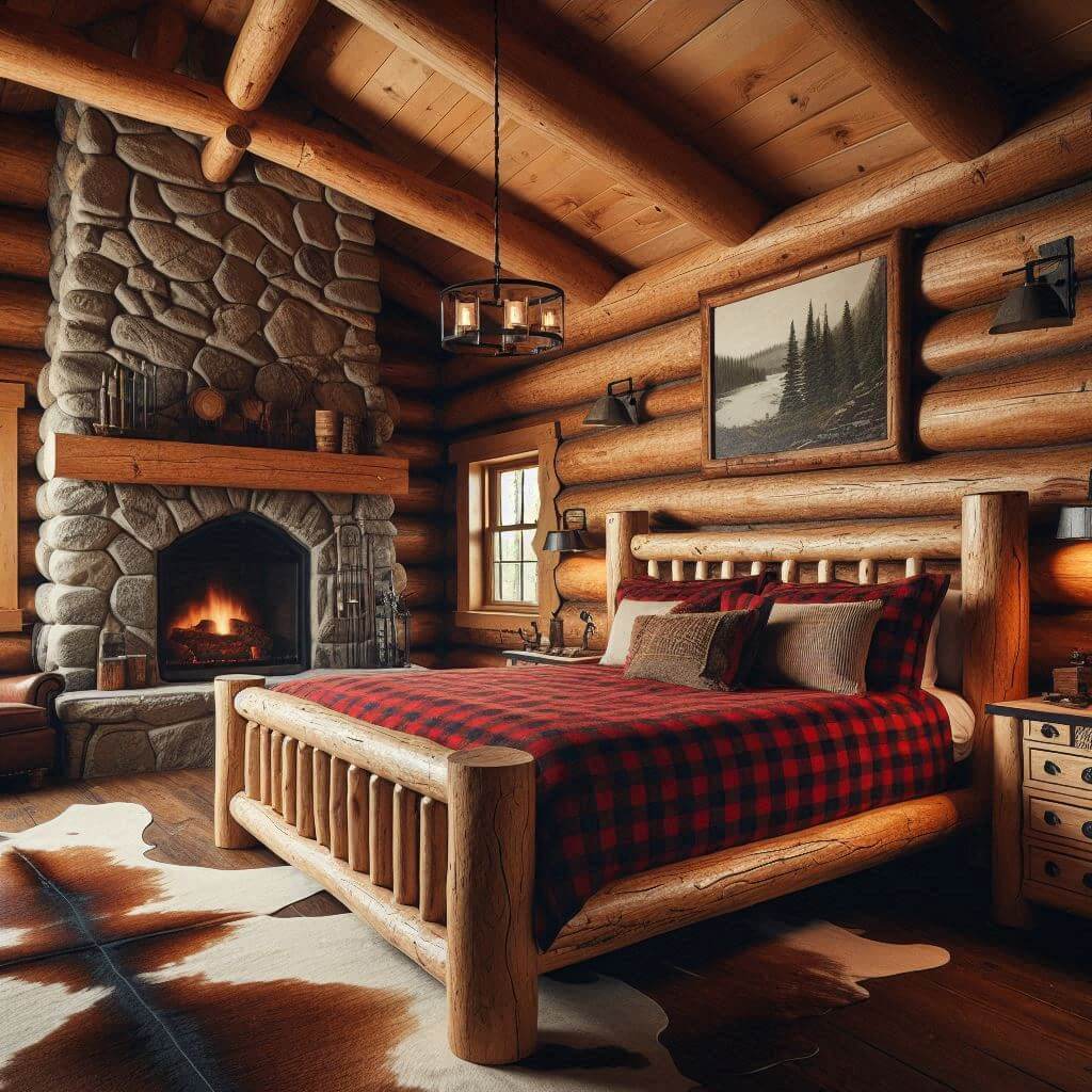 Rustic log cabin-style bedroom interior by Hothi & Co. featuring wood-paneled walls, exposed ceiling beams, a sturdy log bed frame, red and black plaid flannel linens, and a large stone fireplace.