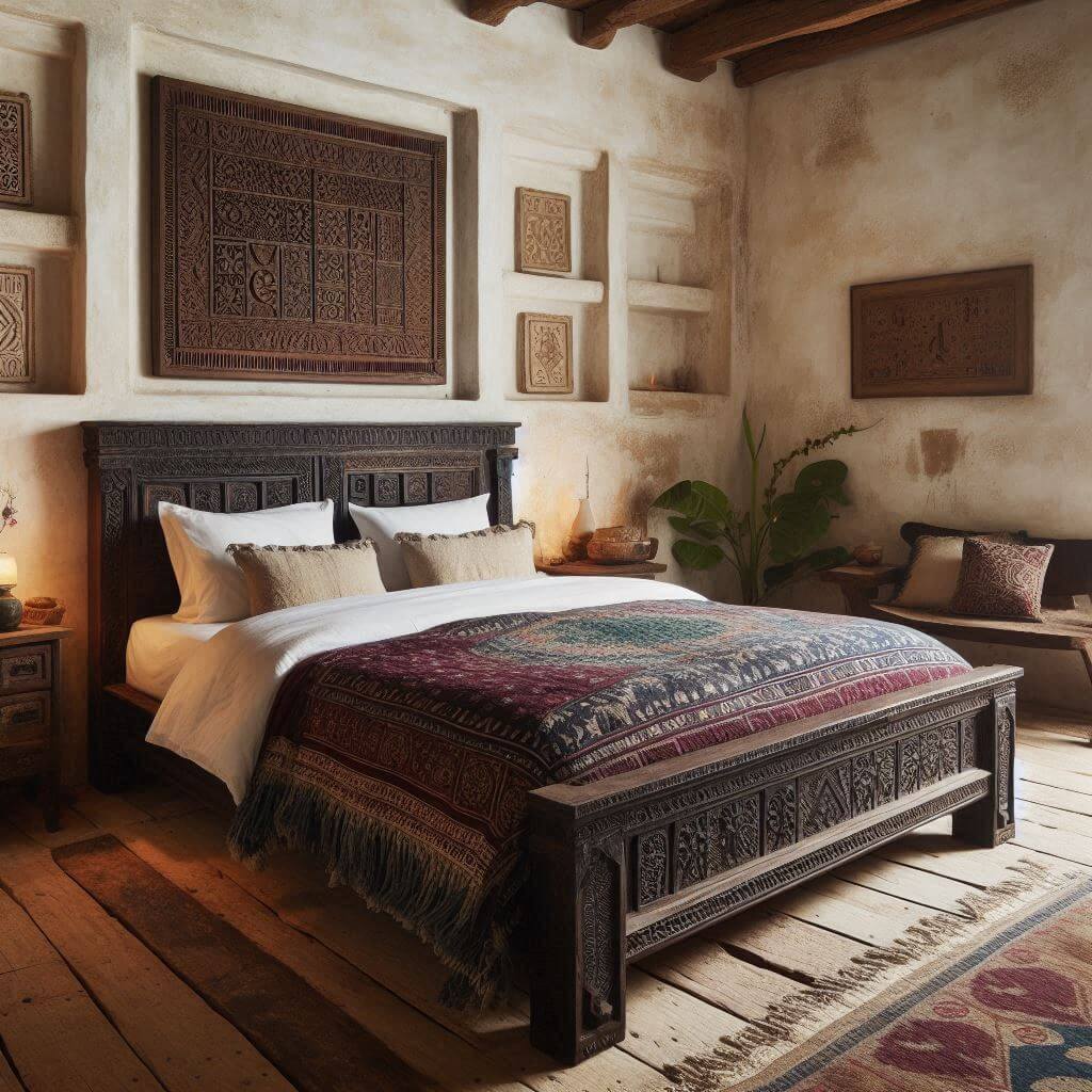Charming rustic bedroom interior by Hothi & Co. blending natural materials with traditional Indian craftsmanship, featuring a dark hand-carved wooden bed with intricate headboard detailing and crisp white linens.
