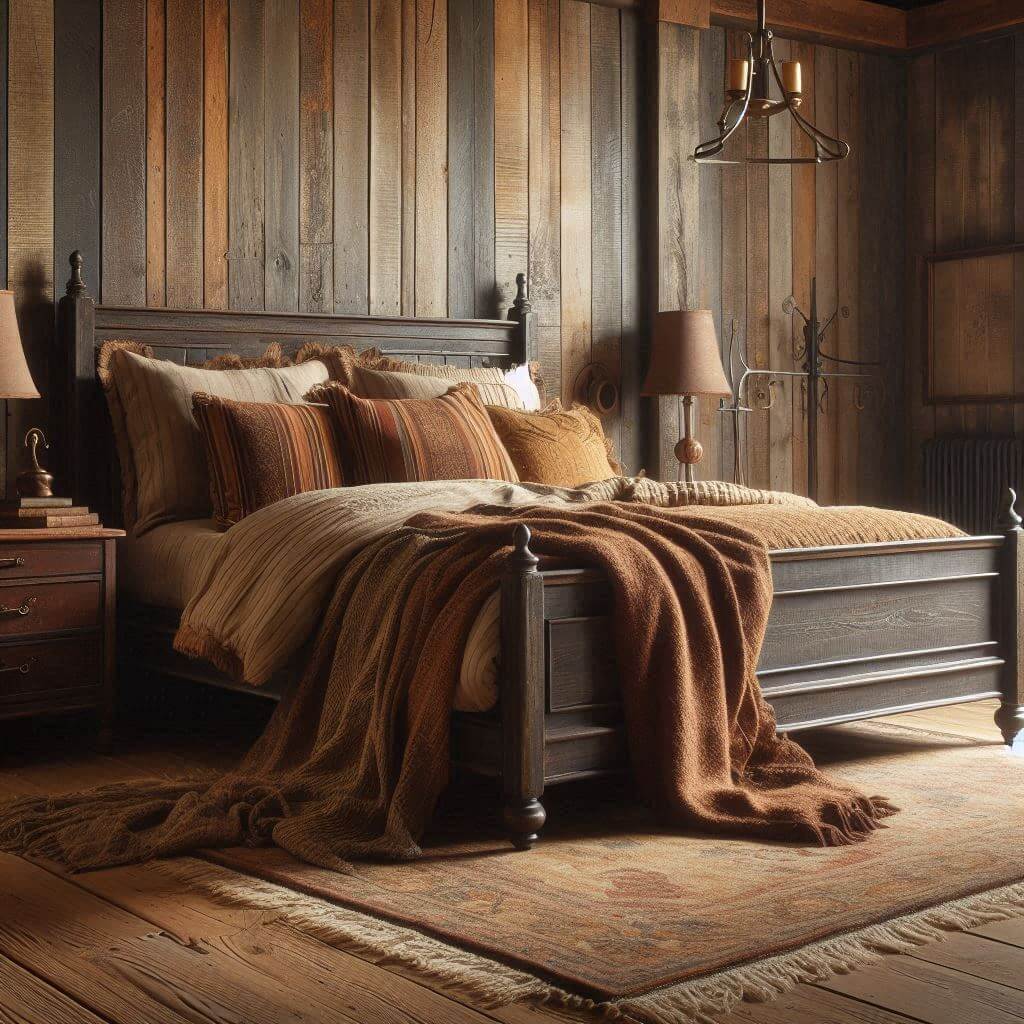 Charming rustic bedroom interior by Hothi & Co. featuring weathered wood walls, a dark wood bed frame, vintage-style linens in rust and ochre tones, and a handwoven wool blanket.